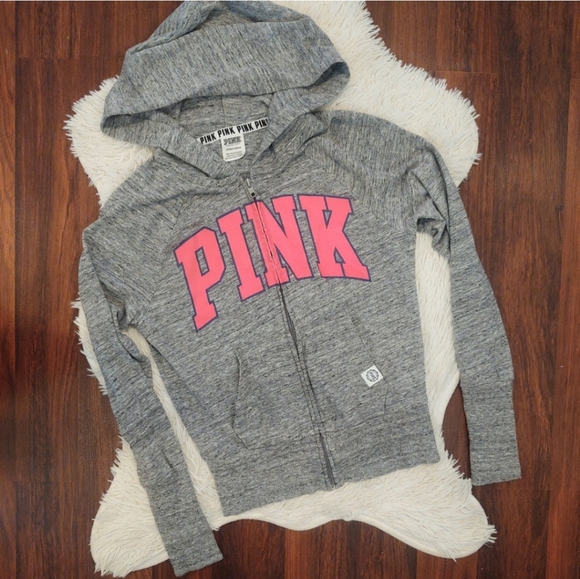 PINK Victoria's Secret Tops - PINK Victoria's Secret Zip Up Hoodie Gray Pink Waffle Knit Sleeves